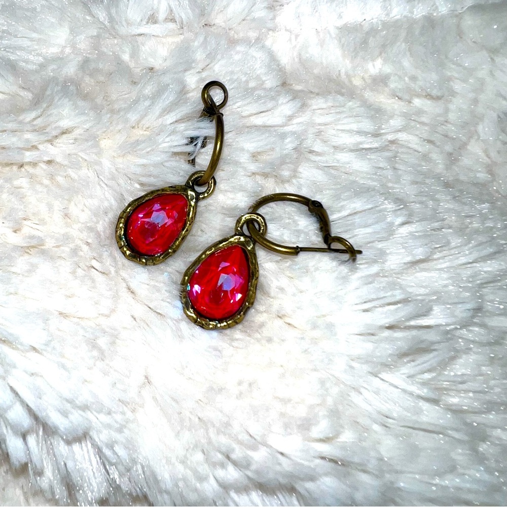 Deep Pink Teardrop Earrings | Hammered Gold Setting | Lightweight Statement